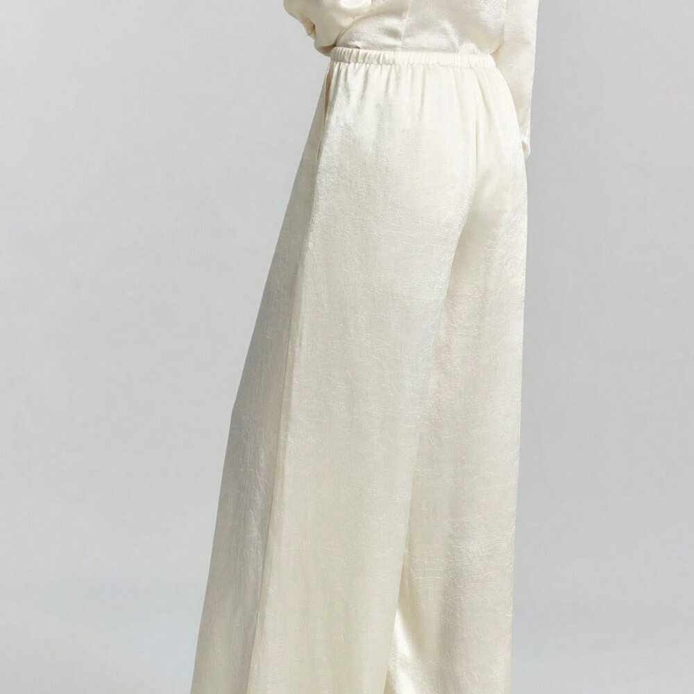 Beige Satin Minimalist Bohemian Women's Long Sleeve Shirt Side Slit - Picture 2 of 4